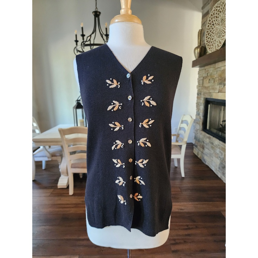 Gina Peters Black Embroidered Leaf Button Up Sleeveless Vest Sweater Women's S